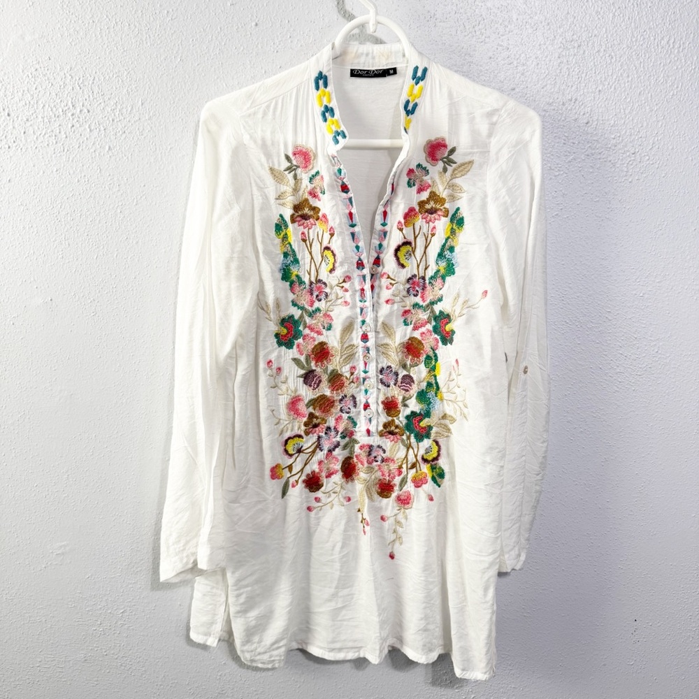Dor Dor white Long Sleeve Blouse bamboo floral tunic embroidered med